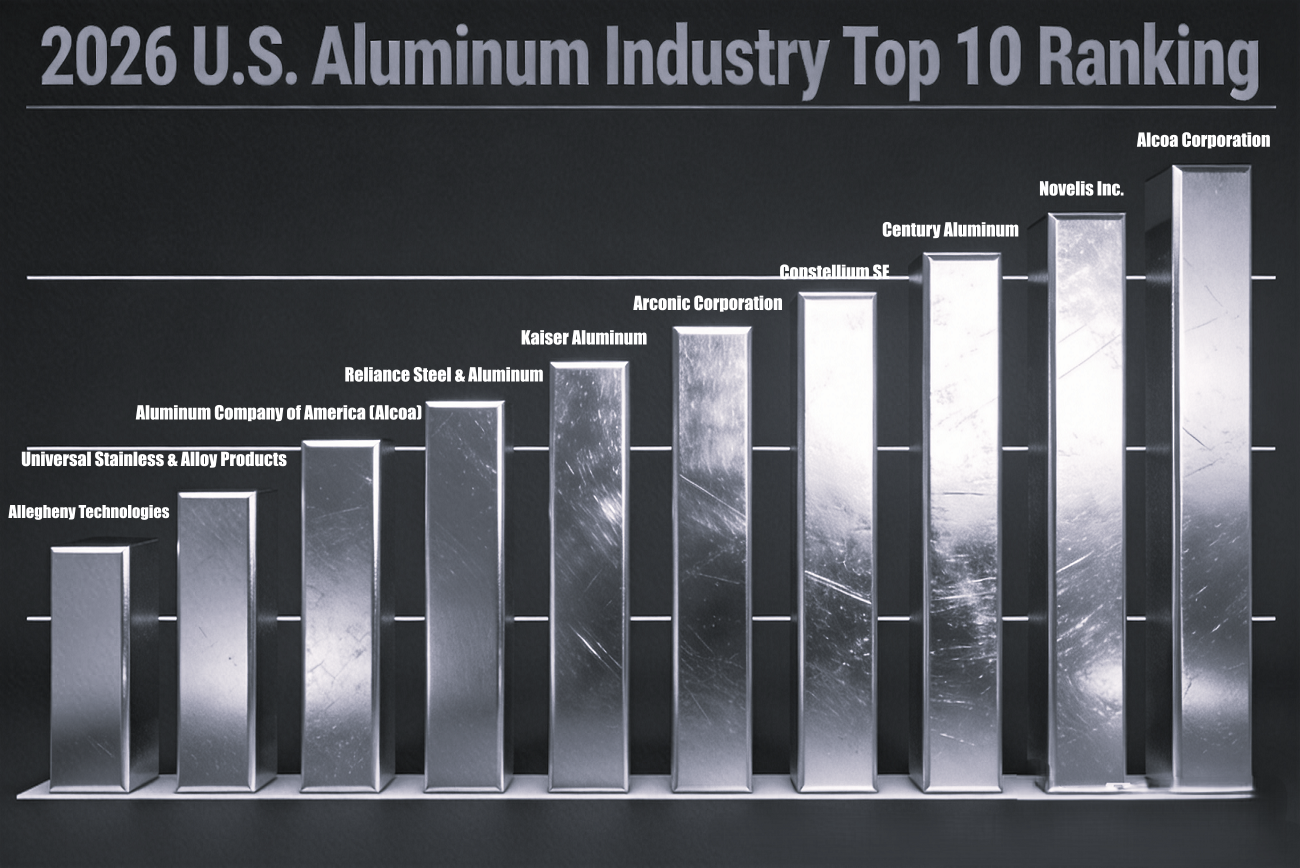 2026 U.S. Aluminum Industry Top 10 Ranking bar chart, showing market cap projections of U.S.-listed aluminum manufacturers