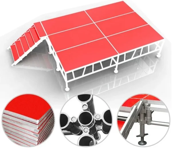 Red 4x8 aluminium modular stage sample fully assembled