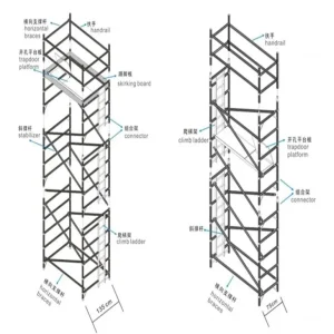 aluminum rolling scaffold frame with guardrails braces and caster wheels