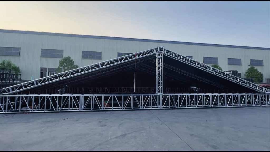 Exterior view of completed PVC roof fabric installed on aluminum roof truss structure with smooth and even tension
