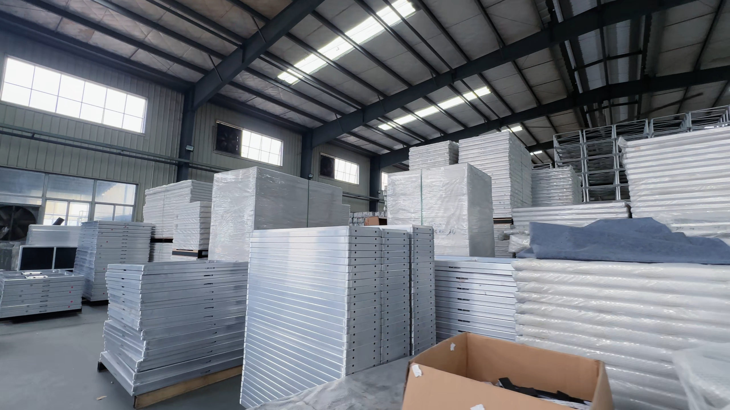 Modular stage boards stacked in the factory warehouse before packing and shipment
