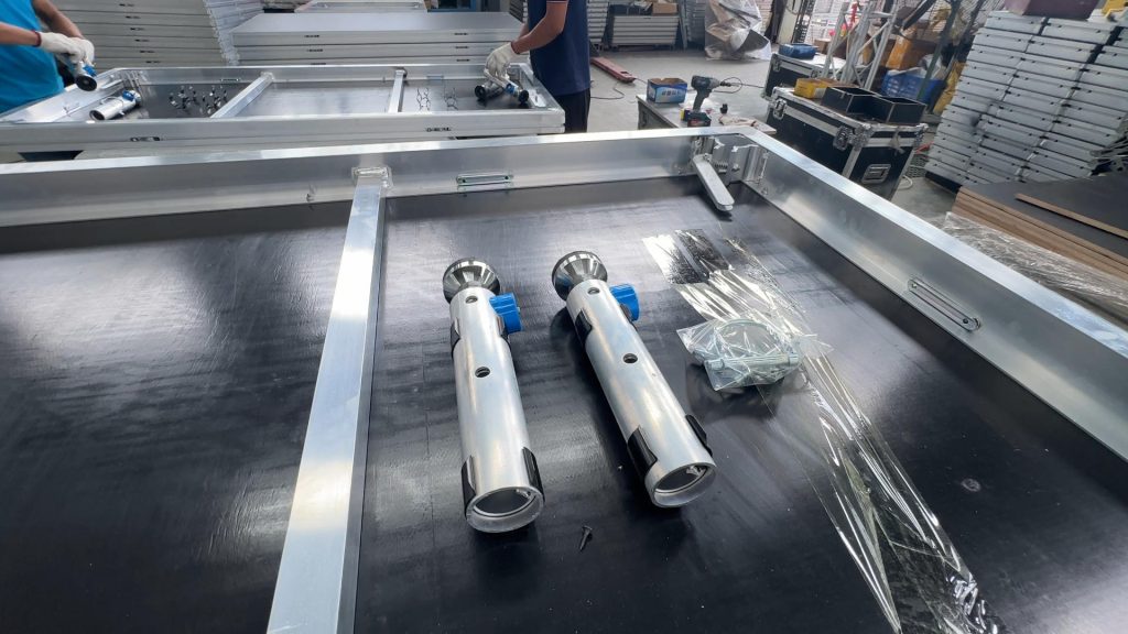 Adjustable aluminium stage legs with pin holes and anti-slip rubber feet for modular stage boards
