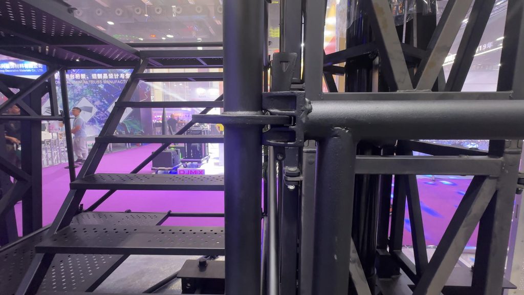 Ringlock scaffolding spigot joint reinforced connection showing detailed structural support at VAC Music Festival stage