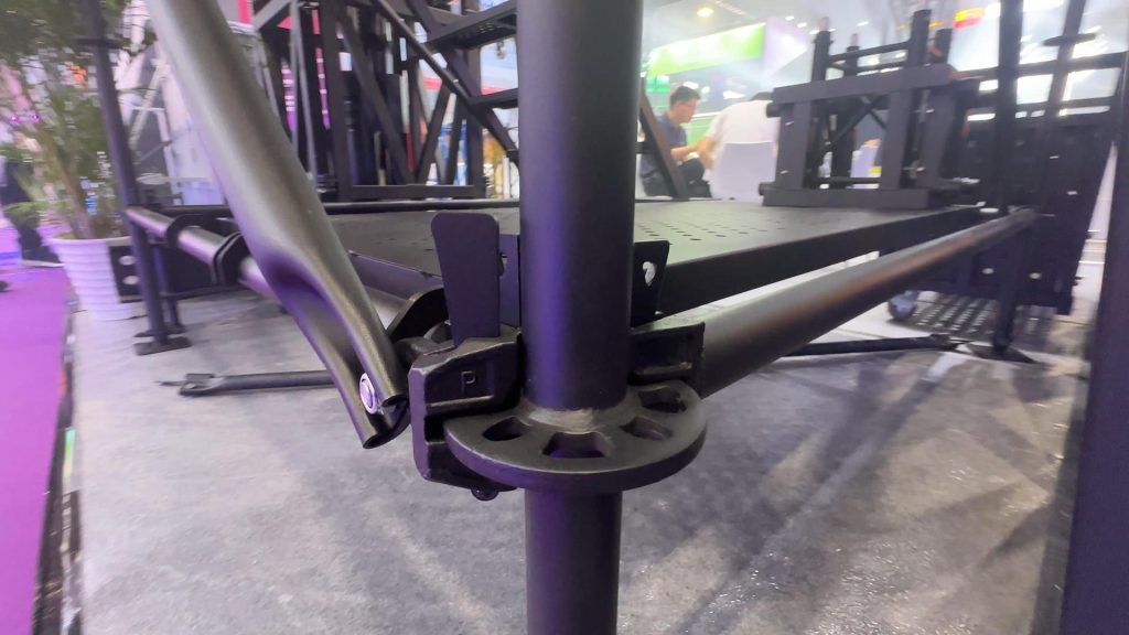 Ringlock scaffolding connection detail with diagonal brace and locking joint at VAC Music Festival stage structure