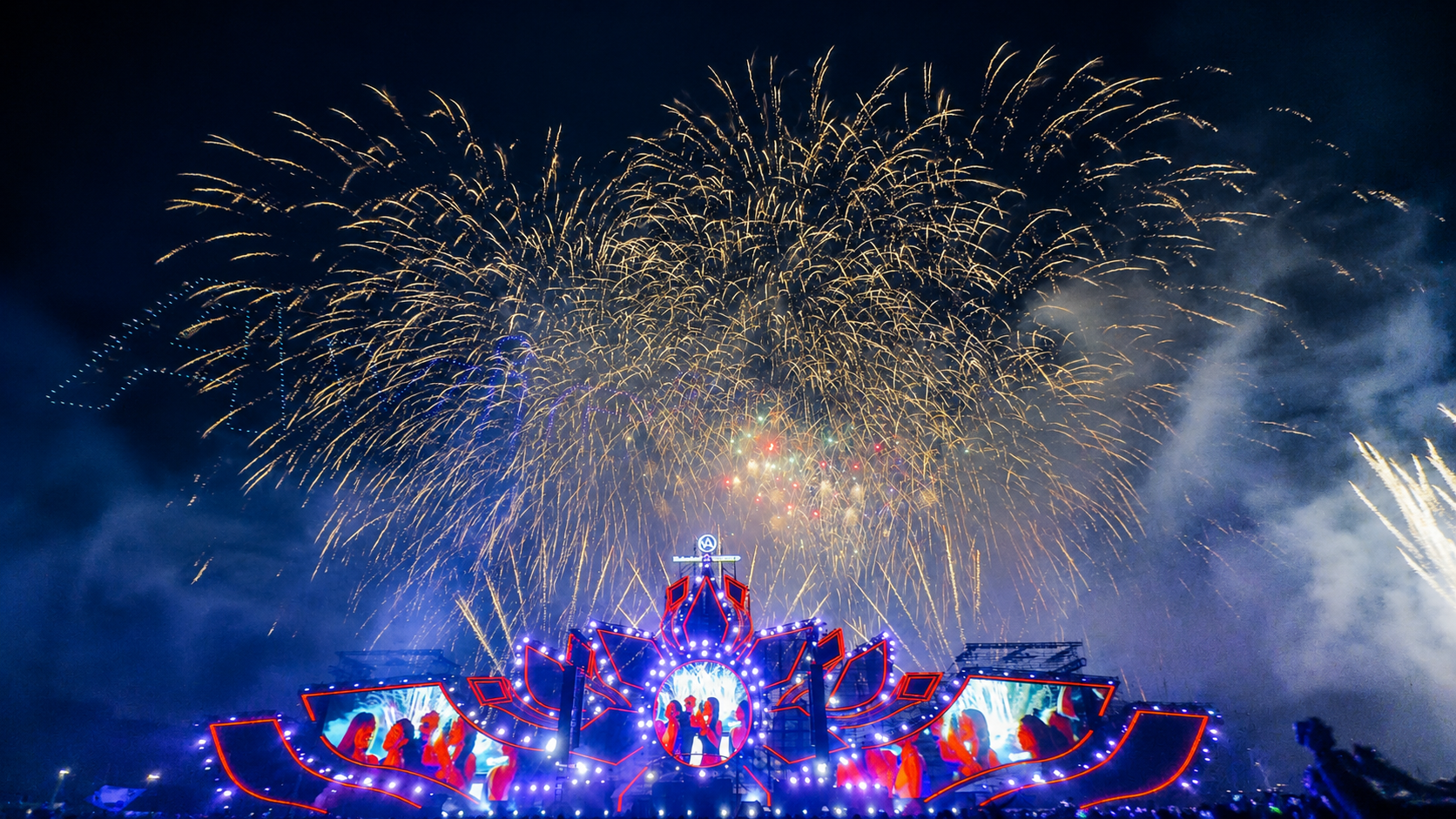 VAC Music Festival stage and truss system with fireworks