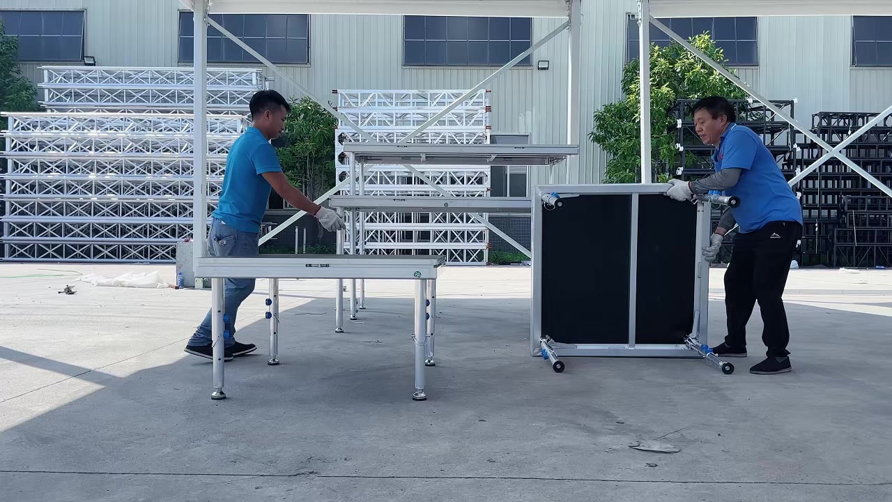 Portable Stage Platforms at Different Heights Modular outdoor stage platforms with different support leg heights