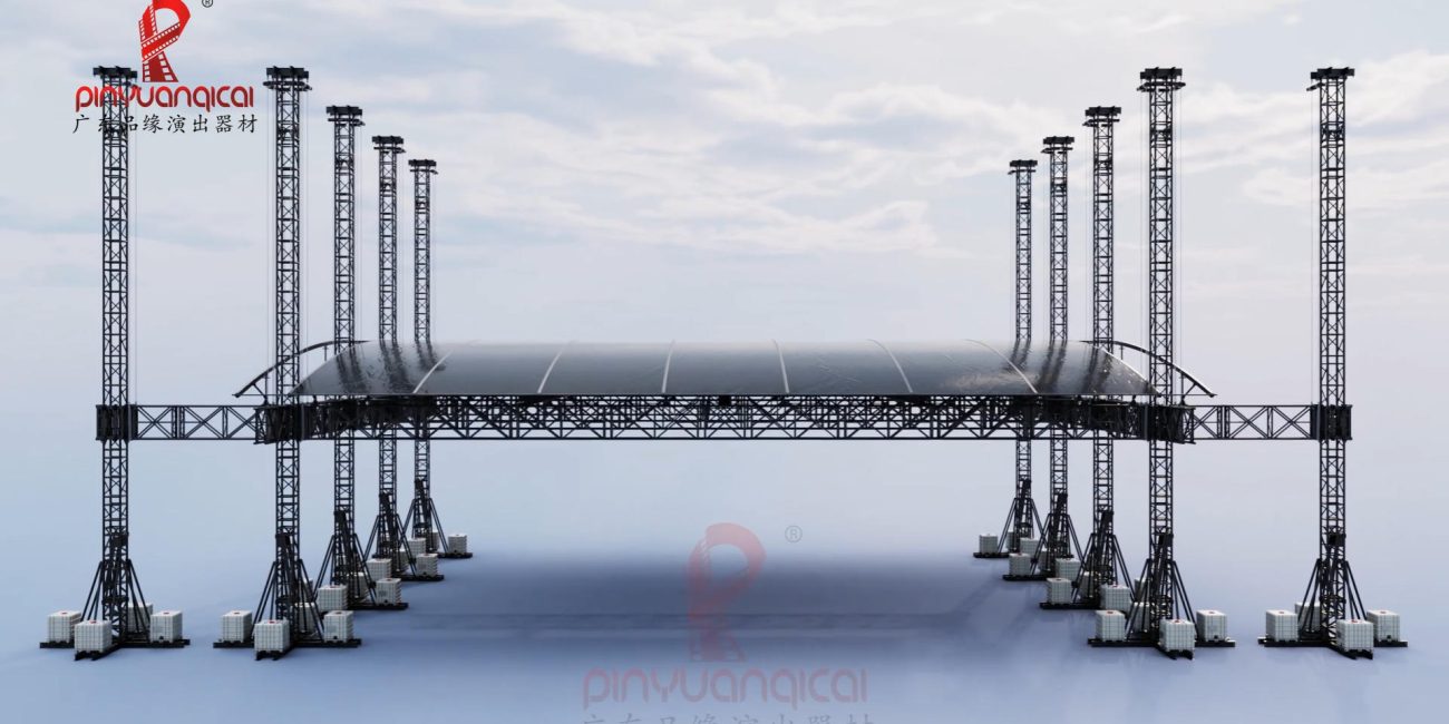 Heavy duty aluminum truss roof 3D installation animation showing support towers and the roof frame at a low assembly height
