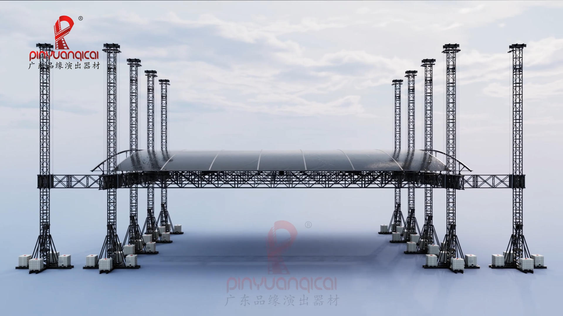 Heavy duty aluminum truss roof 3D installation animation showing support towers and the roof frame at a low assembly height