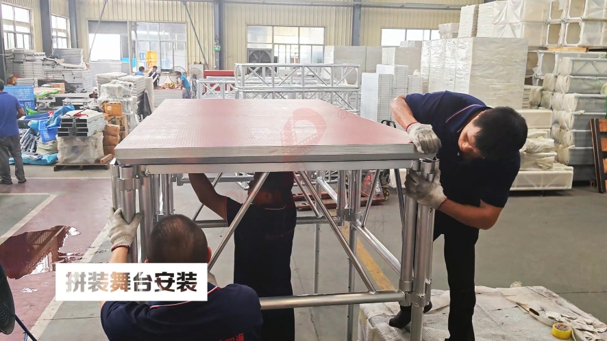 Modular stage platform installation with adjustable aluminum legs